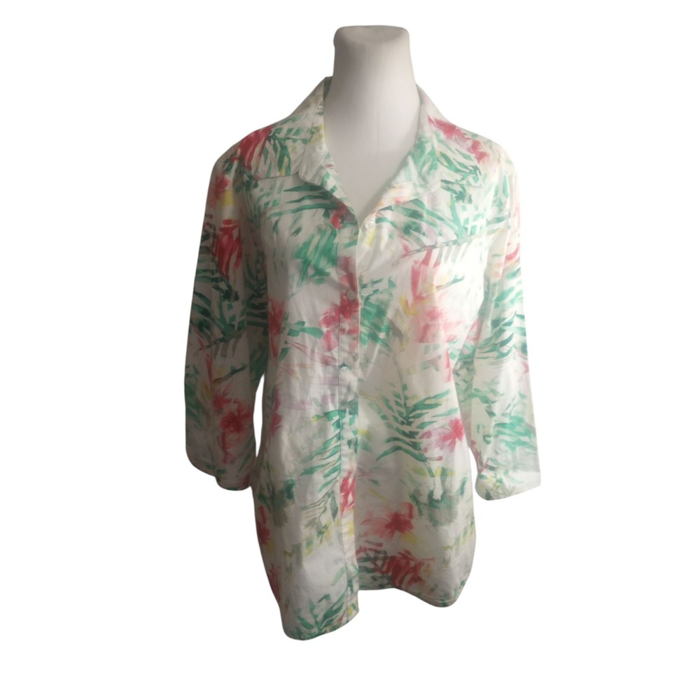 Investments Button Shirt Womens Size 14 Tropical Floral Watercolor Stretch Tunic